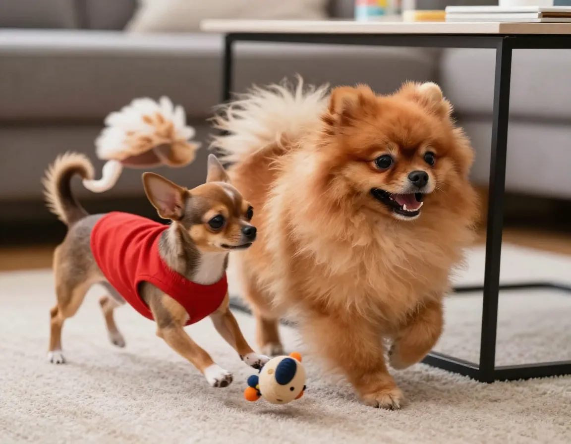 Pomeranian and chihuahua chasing each other energetically around furniture