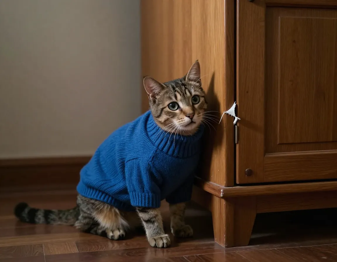 Cat alone in a blue sweater snagged on a cabinet corner looking panicked