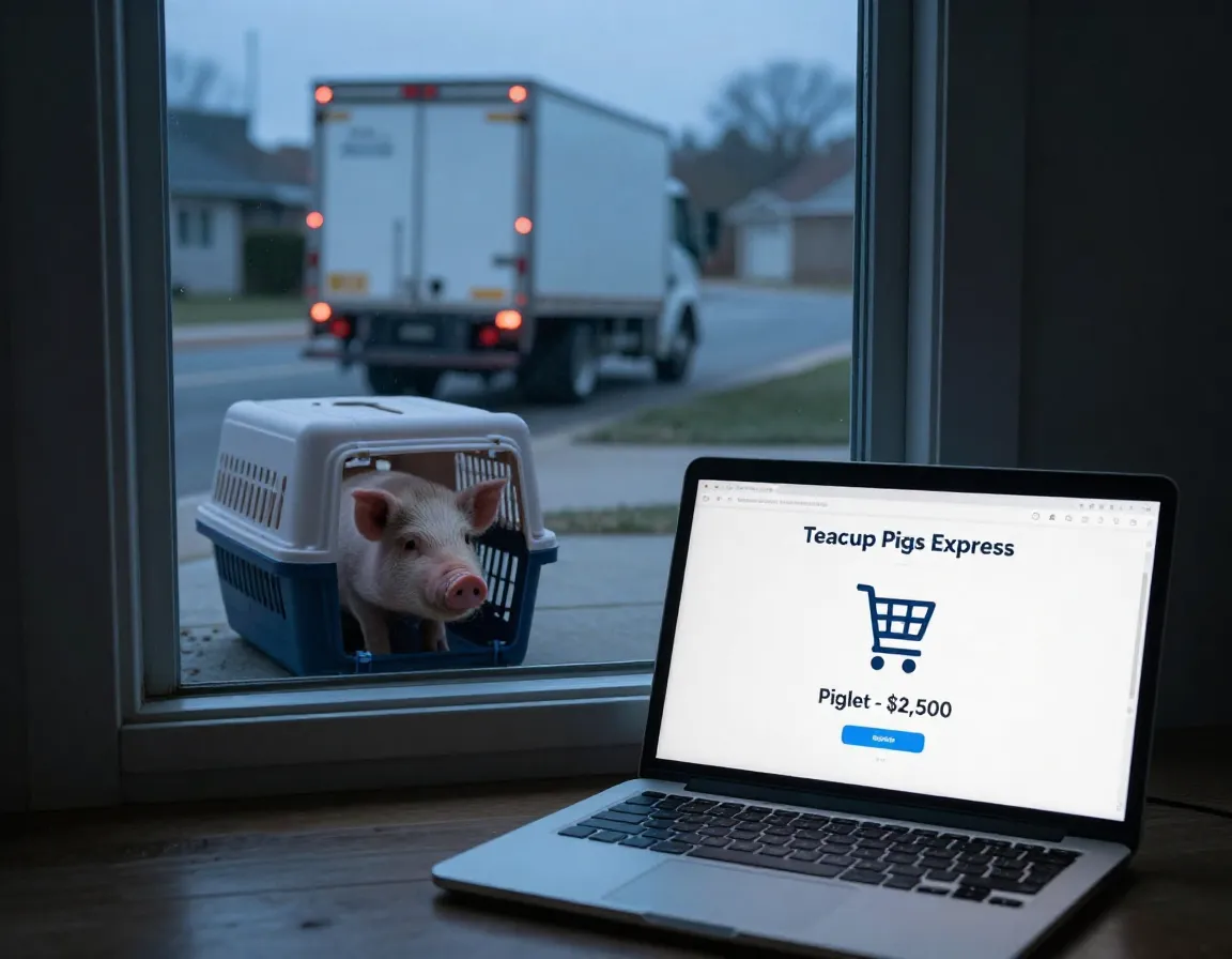 Impersonal online purchase piglet arrives in shipping crate