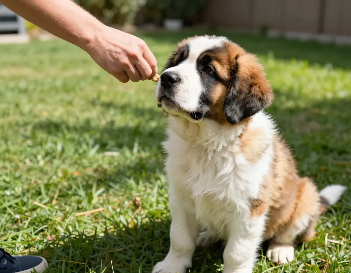 St bernard puppy focused during outdoor training session