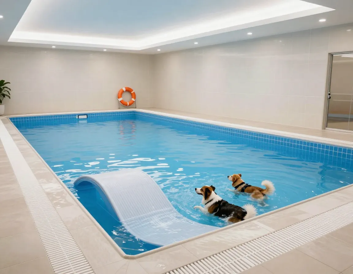 Temperature controlled indoor swimming pool for dogs with graduated entry