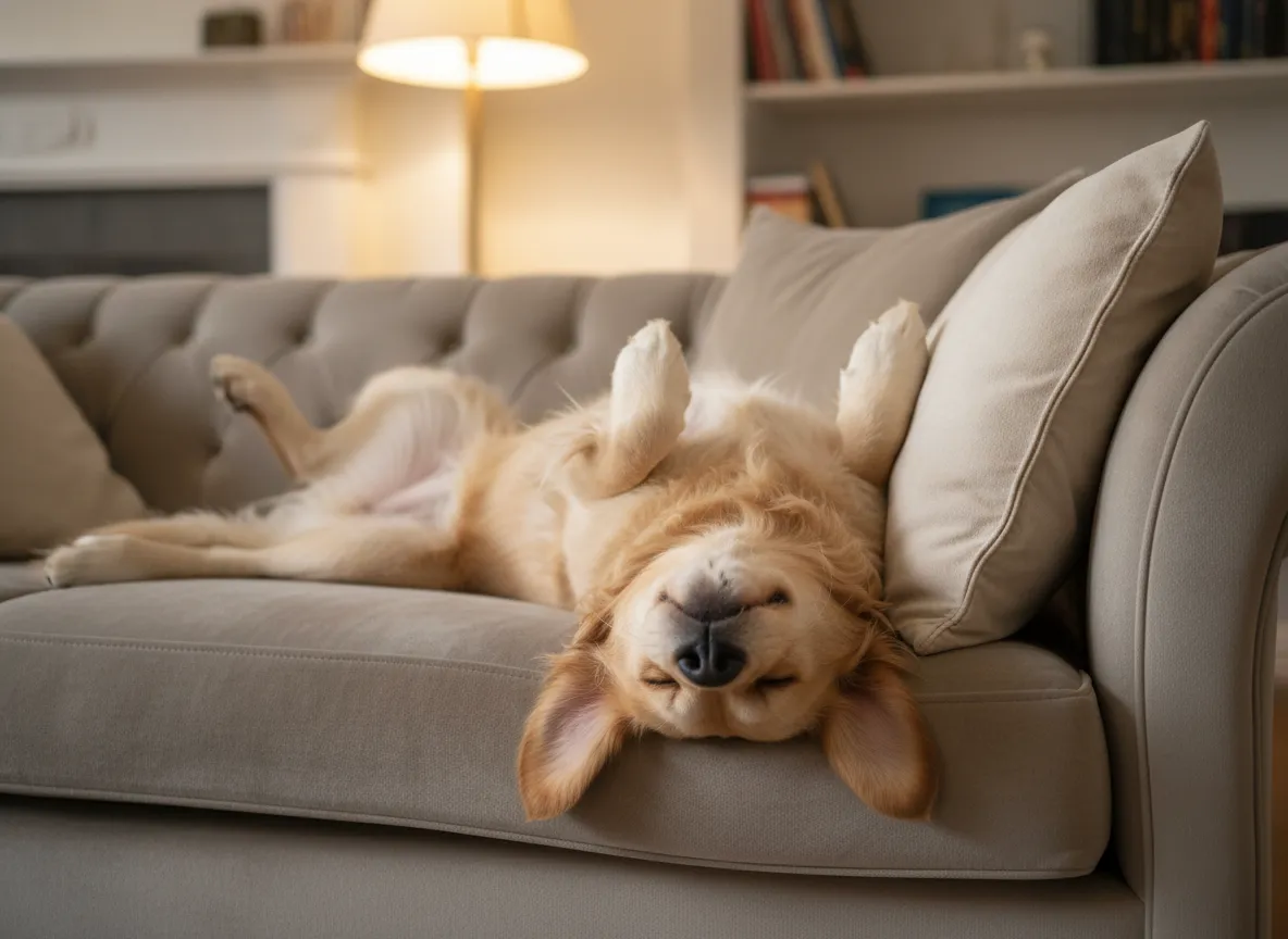 Dog sleeping upside down couch uncomfortable position olympics