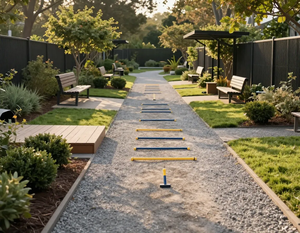 Professionally landscaped walking trail for dogs with agility components