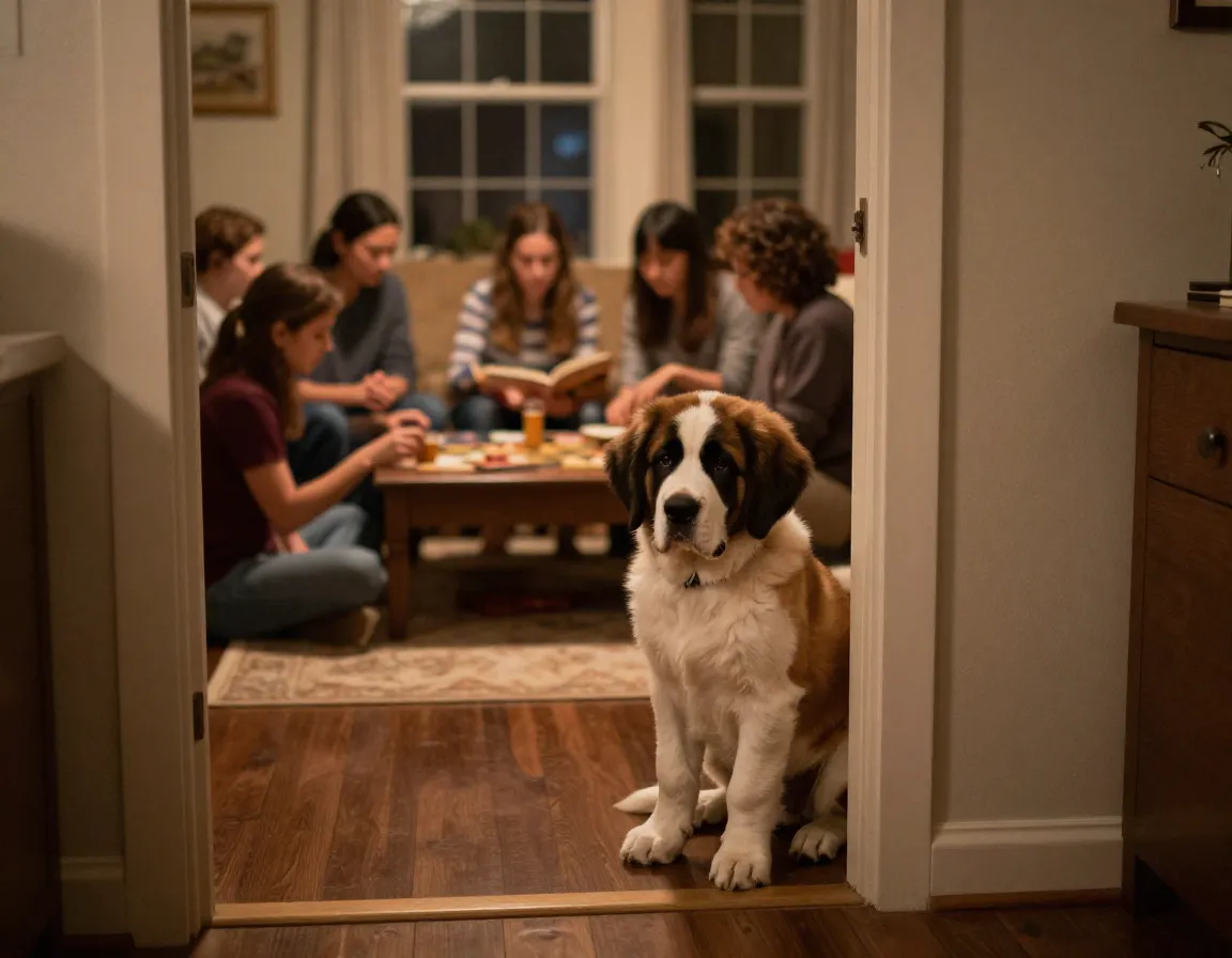 Quiet st bernard puppy observing family from doorway
