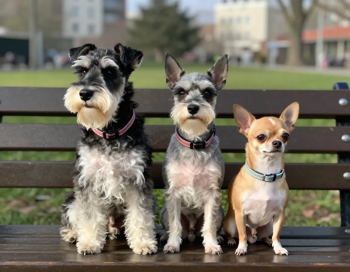 Toy fox terrier and chihuahua confident partners on park bench