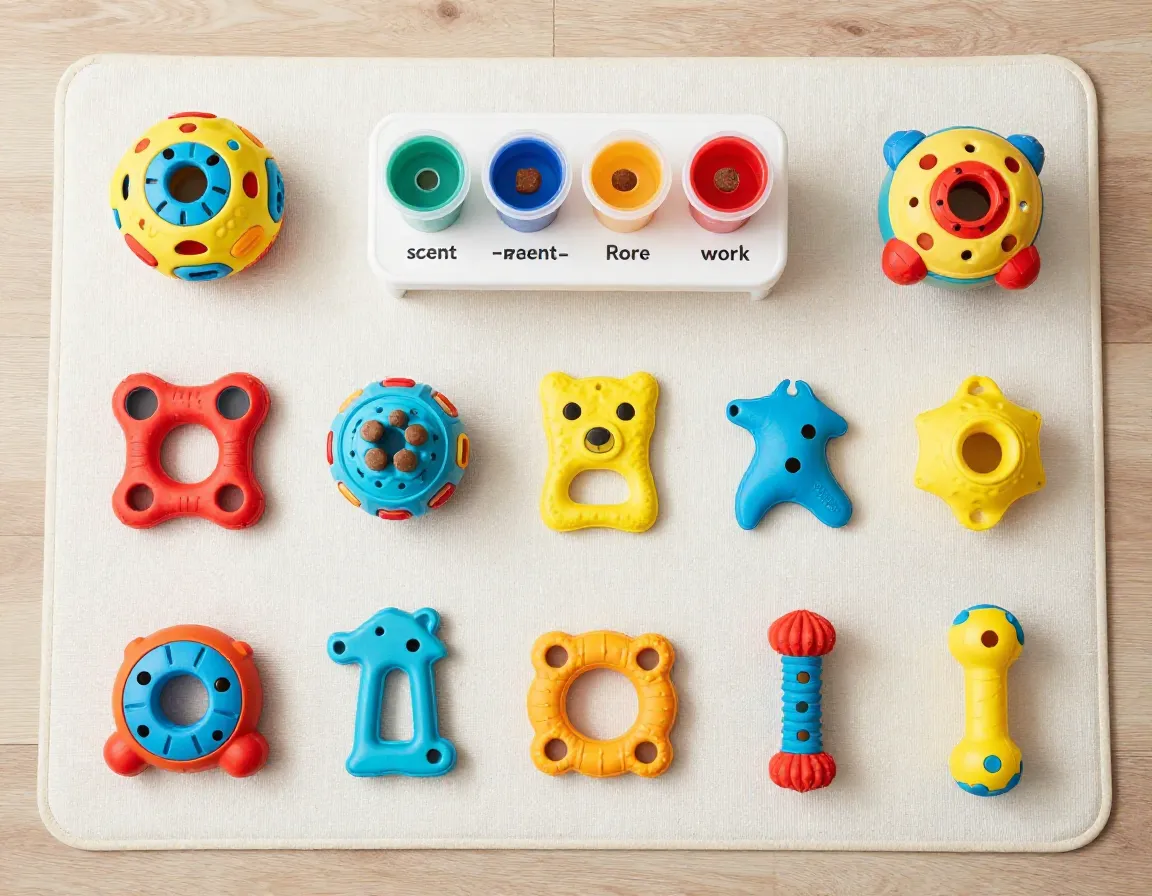 Enrichment activity setup with puzzle toys and scent work stations