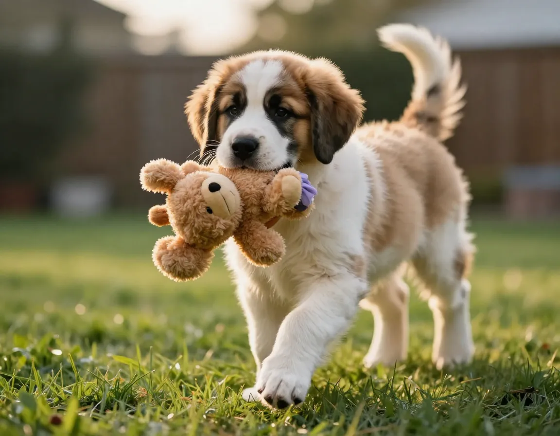 St bernard puppy gently carrying childs plush toy