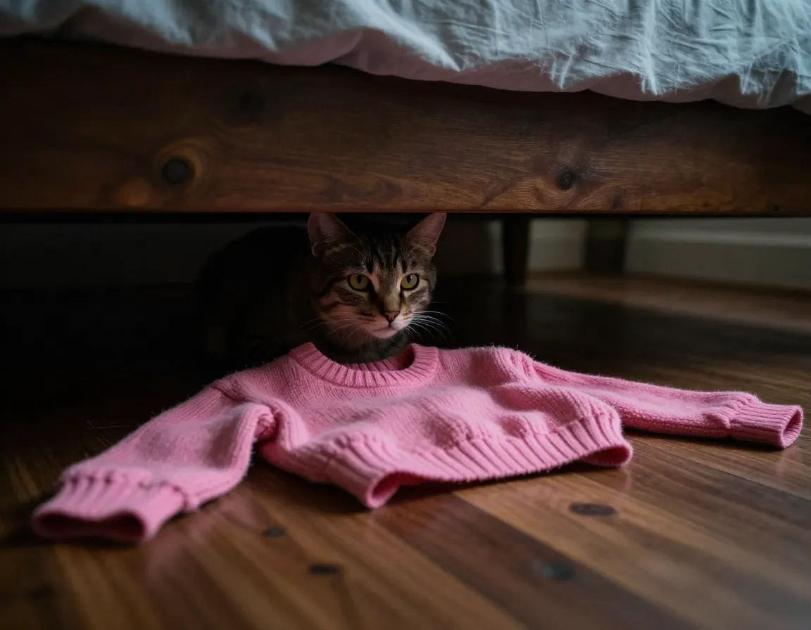 Unwilling cat hiding under a bed avoiding a discarded pink sweater on floor
