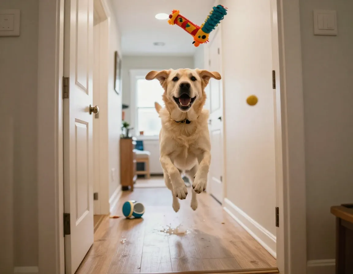 Yellow labrador mid leap welcome home tornado flying toys