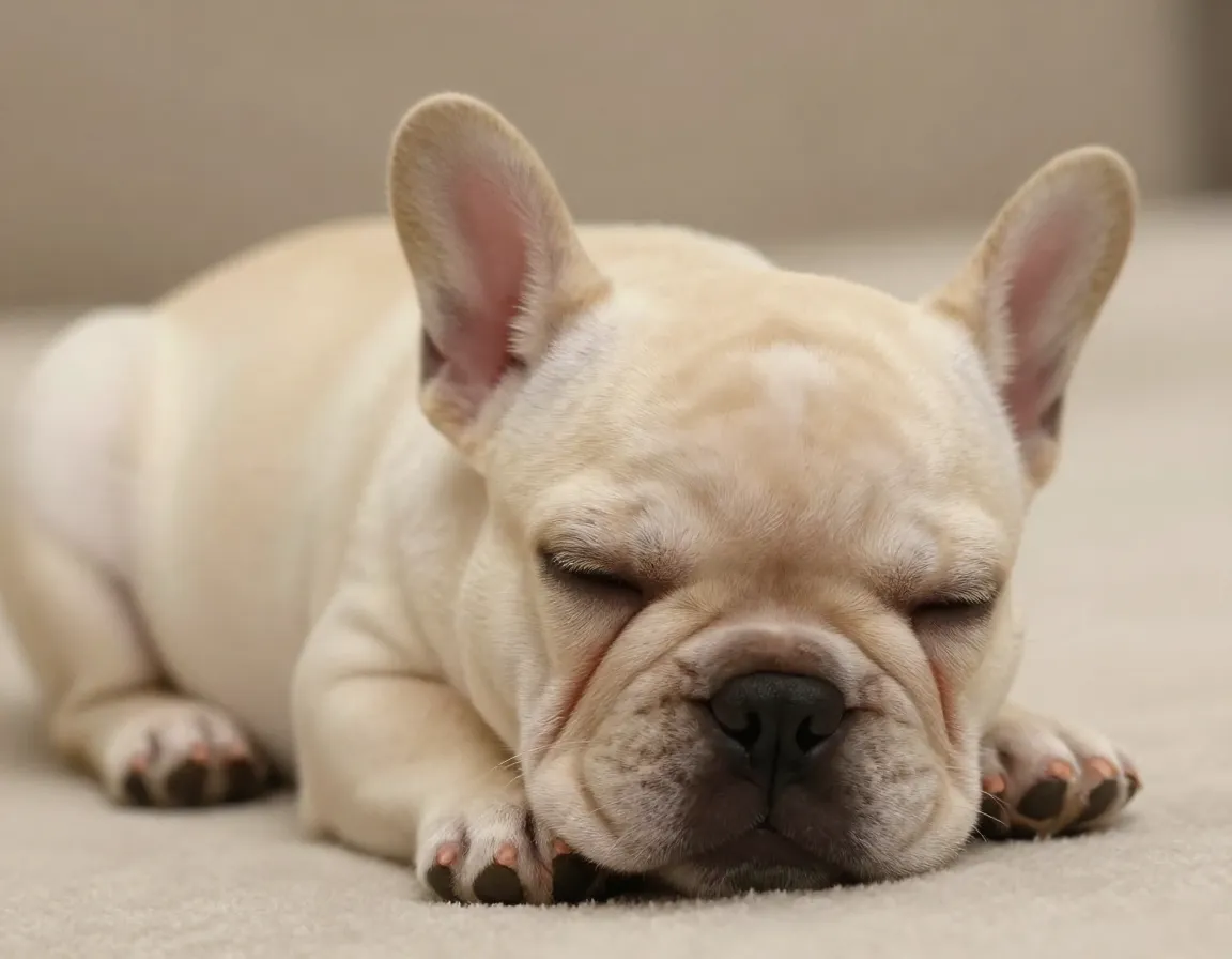 Cream french bulldog puppy sleeping curled up with floppy ears