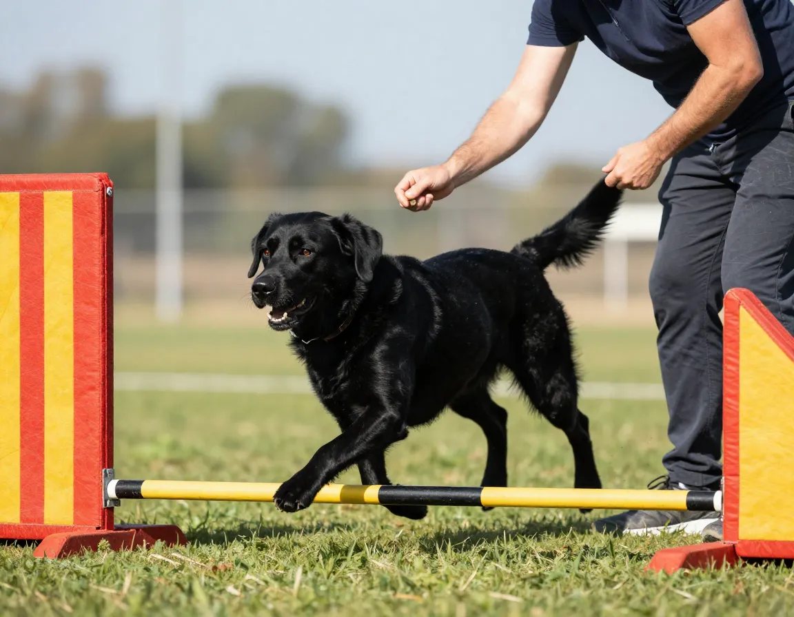 Black labrador mastering obstacle during focused outdoor training session