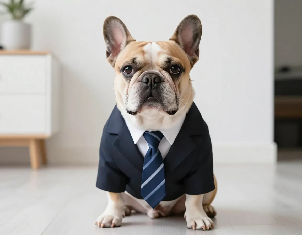 Confused french bulldog wearing small business suit indoors