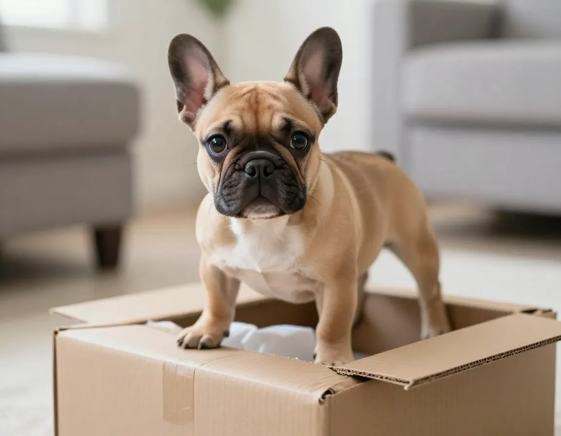 Fawn french bulldog puppy curiously exploring a cardboard box