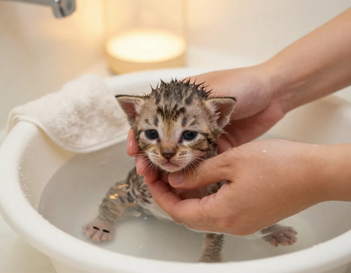 Gentle warm water bath for newborn kitten flea treatment