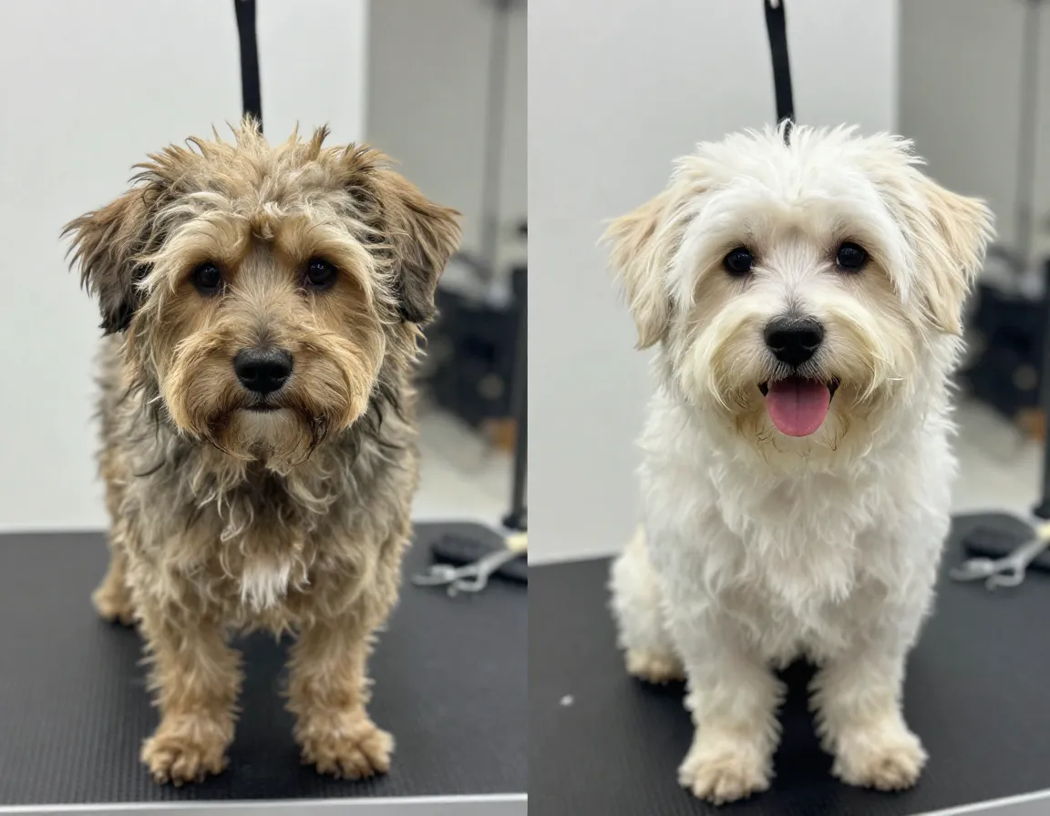Shaggy rescue dog after professional grooming transformation