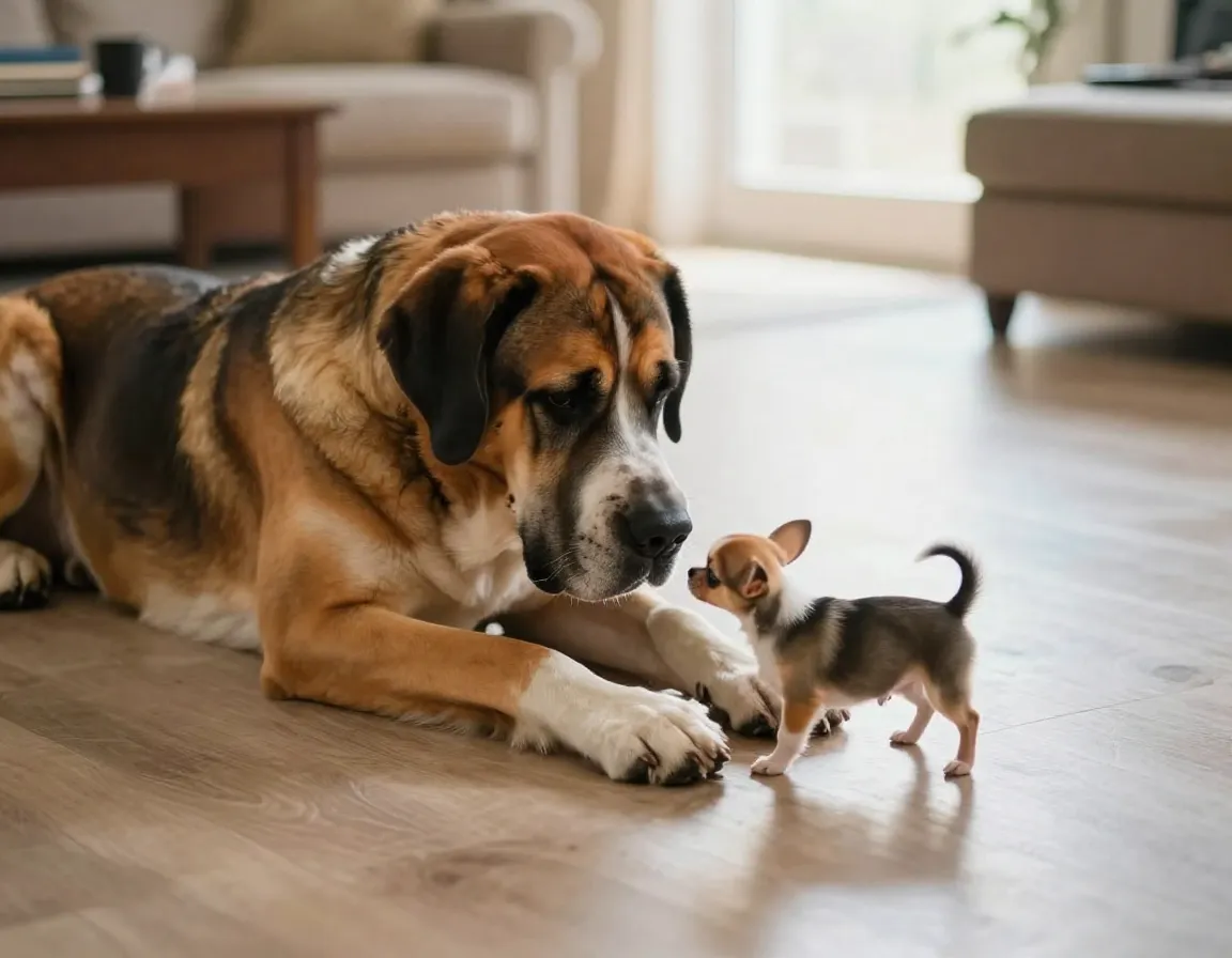 Large great dane gently playing with tiny chihuahua puppy