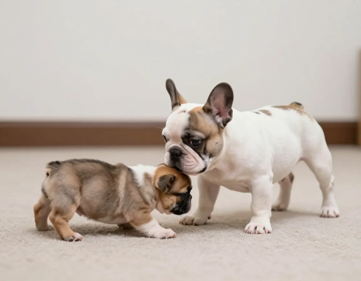 Pied french bulldog puppy playing gently with a smaller puppy