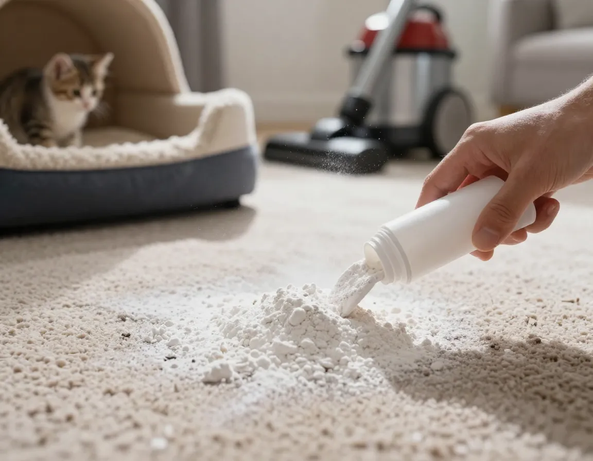 Food grade diatomaceous earth applied to carpet for flea control