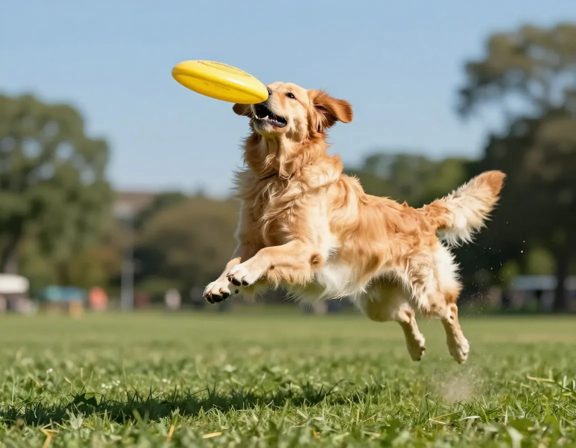 Golden retriever leaping midair to catch a yellow frisbee