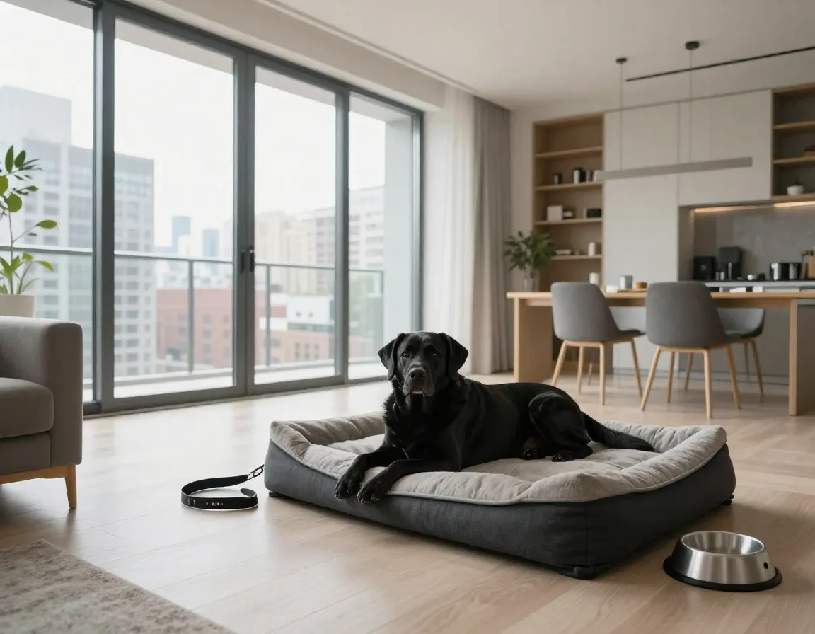 Black lab comfortably resting in modern city apartment interior