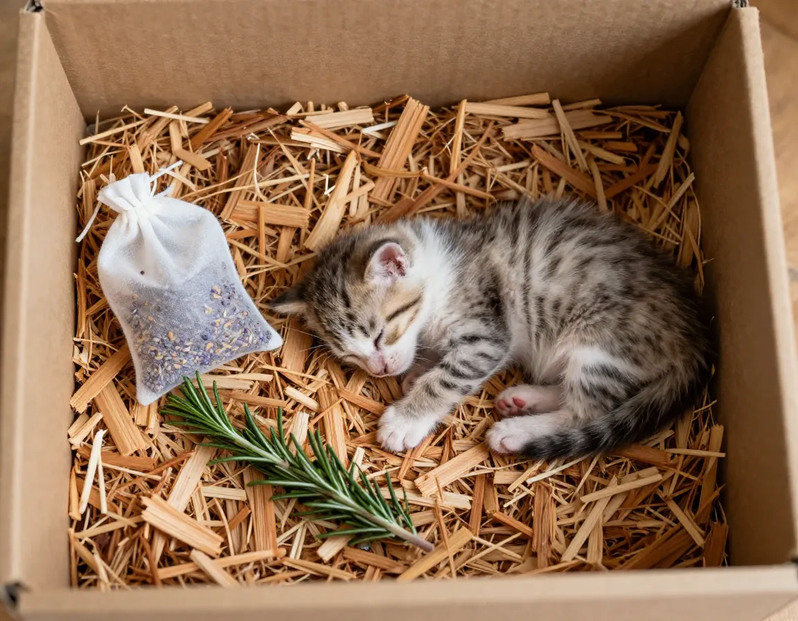 Cedar chip bedding and natural deterrents in kitten sleeping area