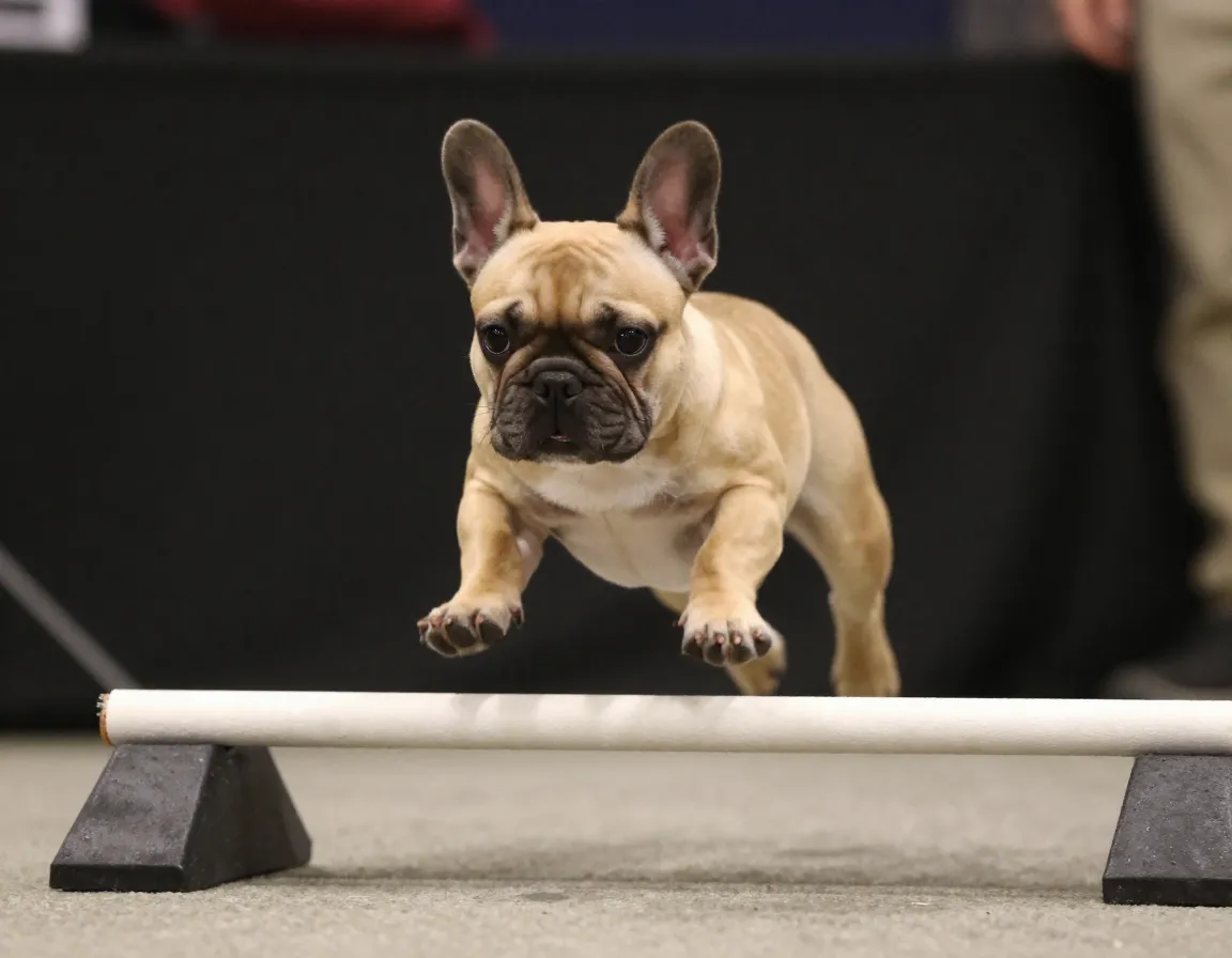Fawn french bulldog puppy concentrating before a small jump