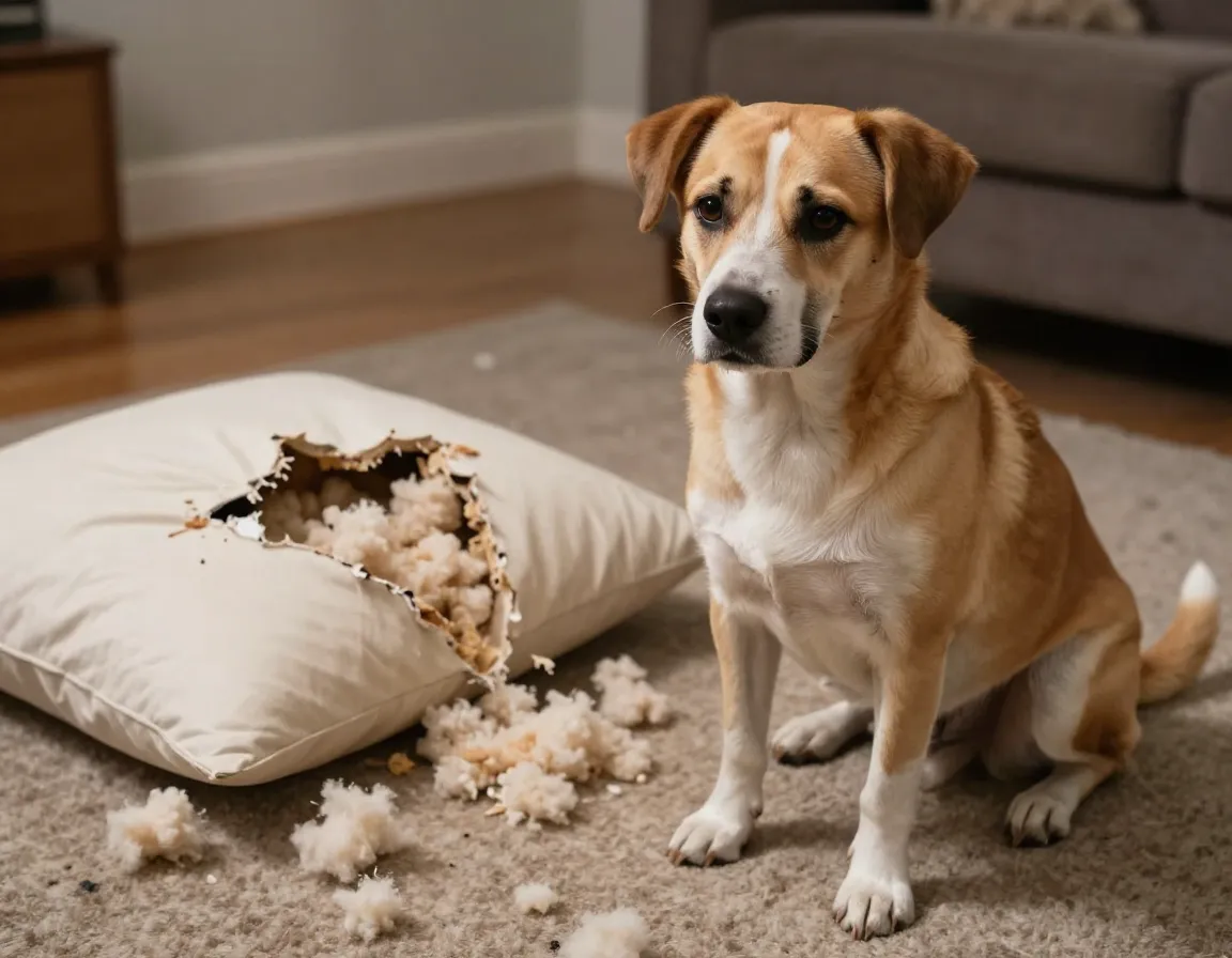 Guilty looking dog sitting next to torn pillow evidence