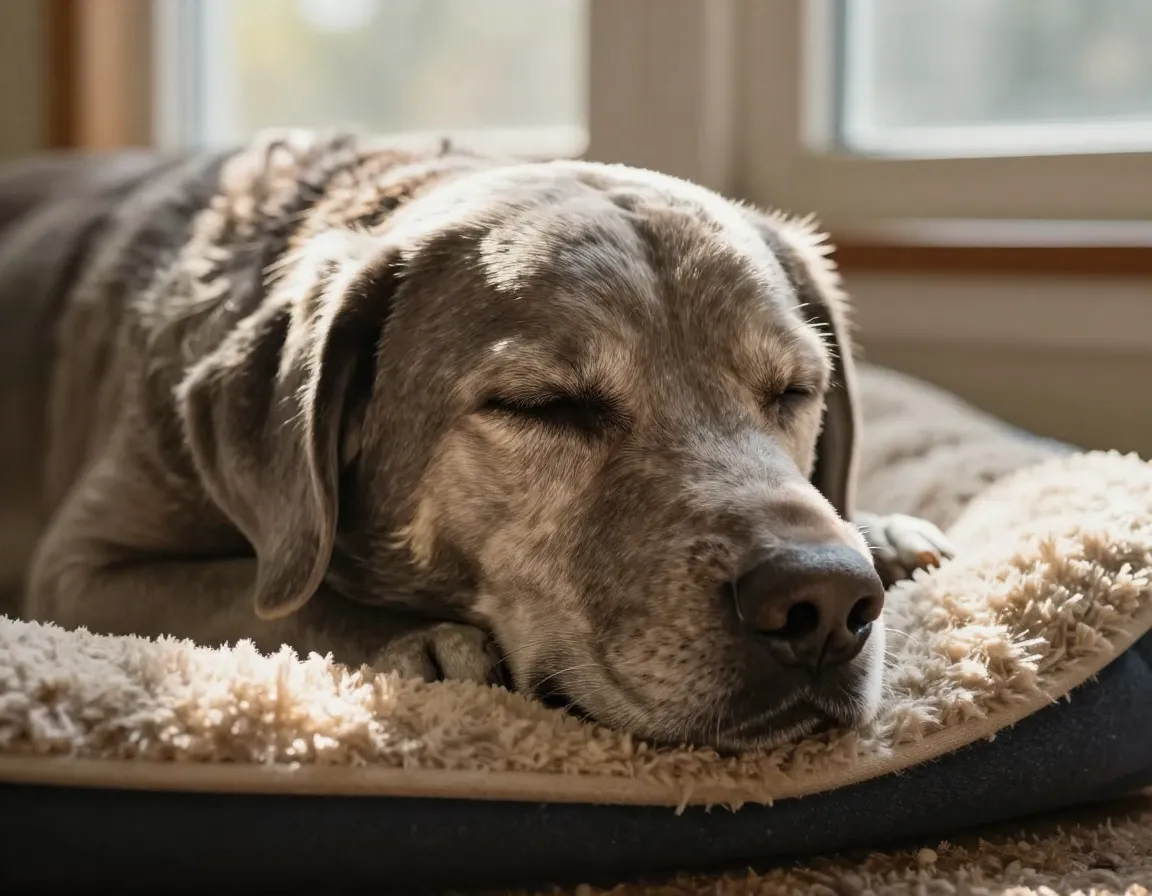 Elderly gray muzzled labrador sleeping in sunny spot
