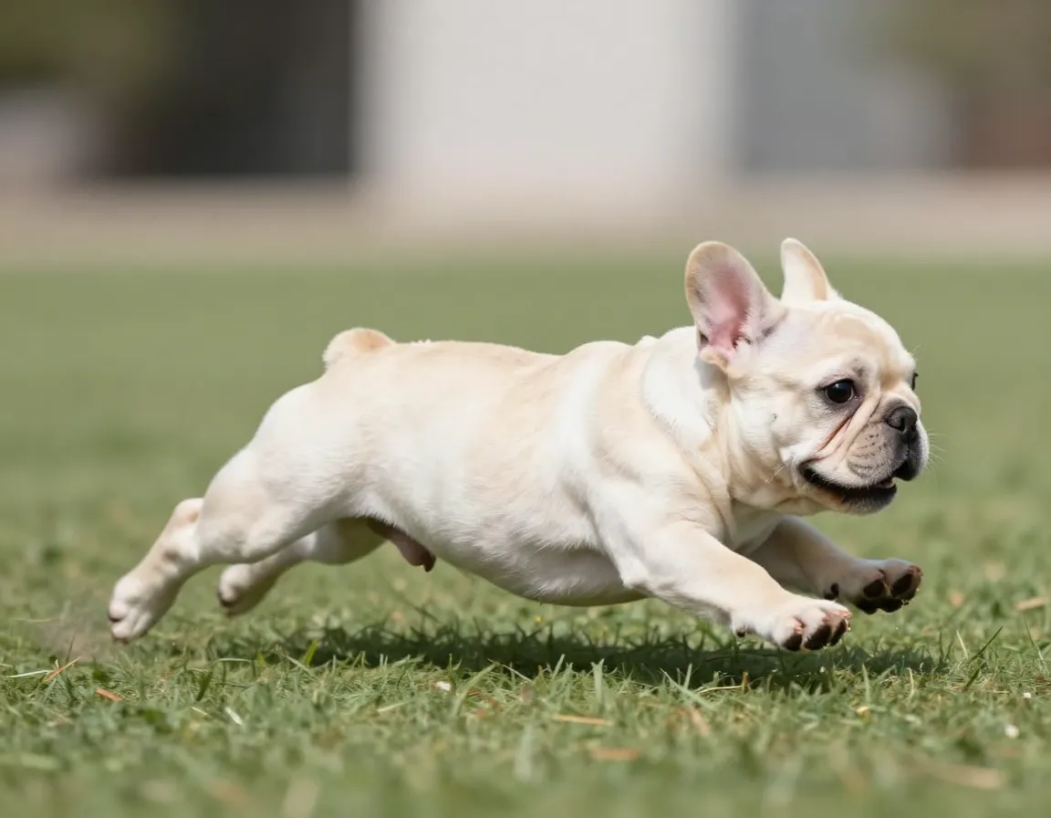 Cream french bulldog puppy running sideways in playful dash