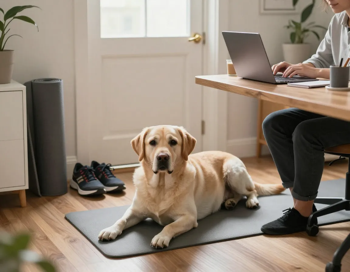 Yellow lab relaxing in home office during remote work session