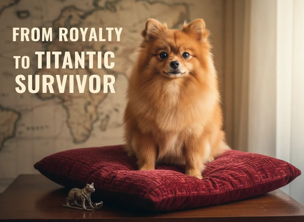 Regal pomeranian on velvet with vintage map charm background