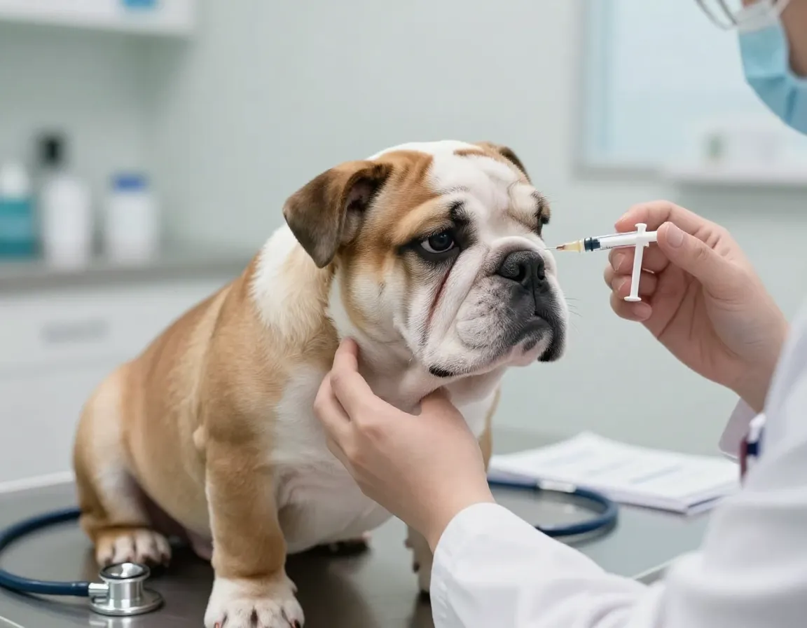 English bulldog puppy receiving vaccination at veterinary clinic checkup