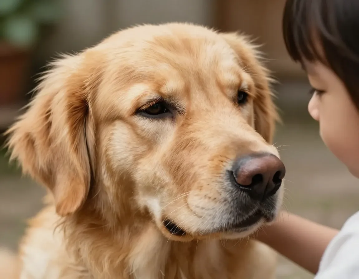 Golden retriever gazing softly at young child oxytocin bond