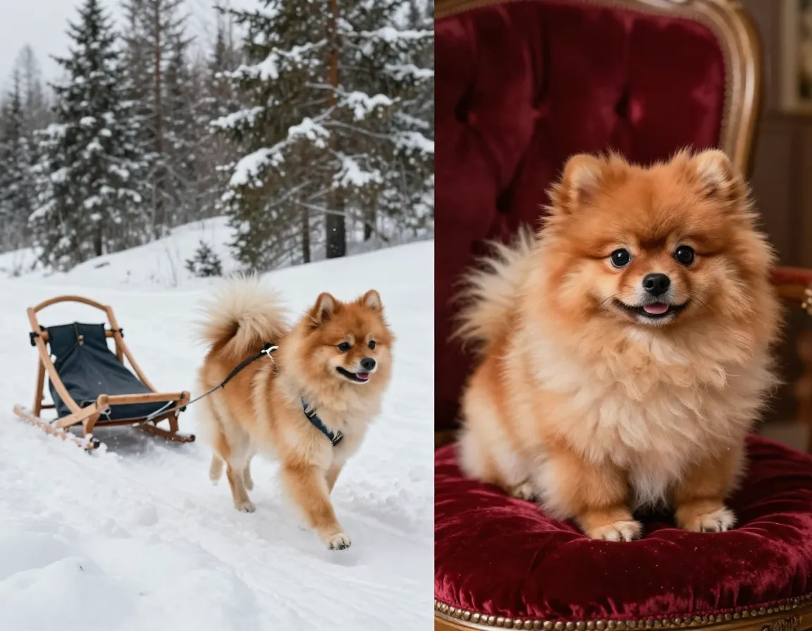 Historic arctic sled dog contrasted with modern tiny pomeranian on cushion