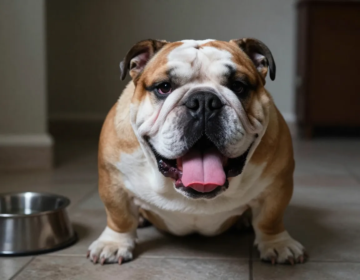 Adult bulldog panting with tongue out on cool floor indoors