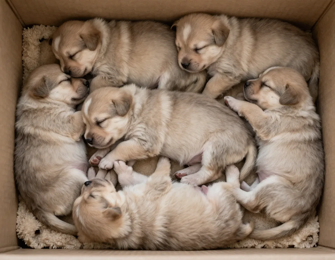 Litter of puppies intertwined sleeping peacefully together pile
