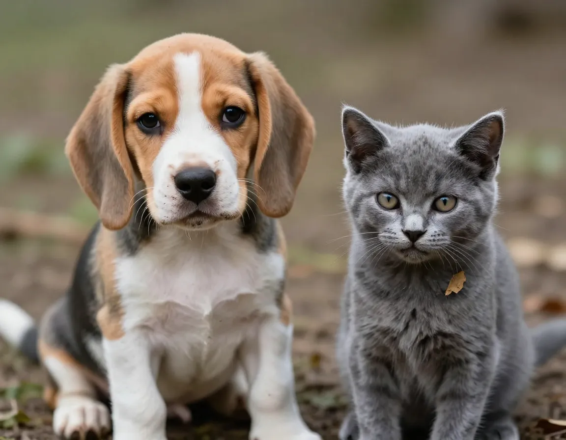 Mischievous beagle puppy and gray kitten with guilty expressions