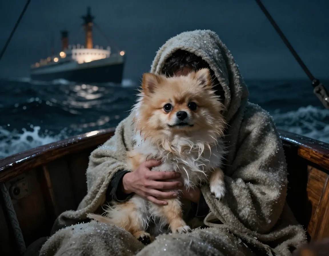 Titanic lifeboat rescue scene with wet pomeranian in arms