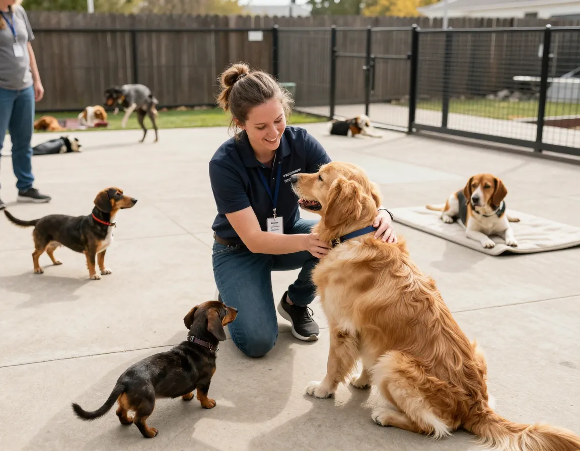 Trained staff member engaging with diverse dogs in courtyard