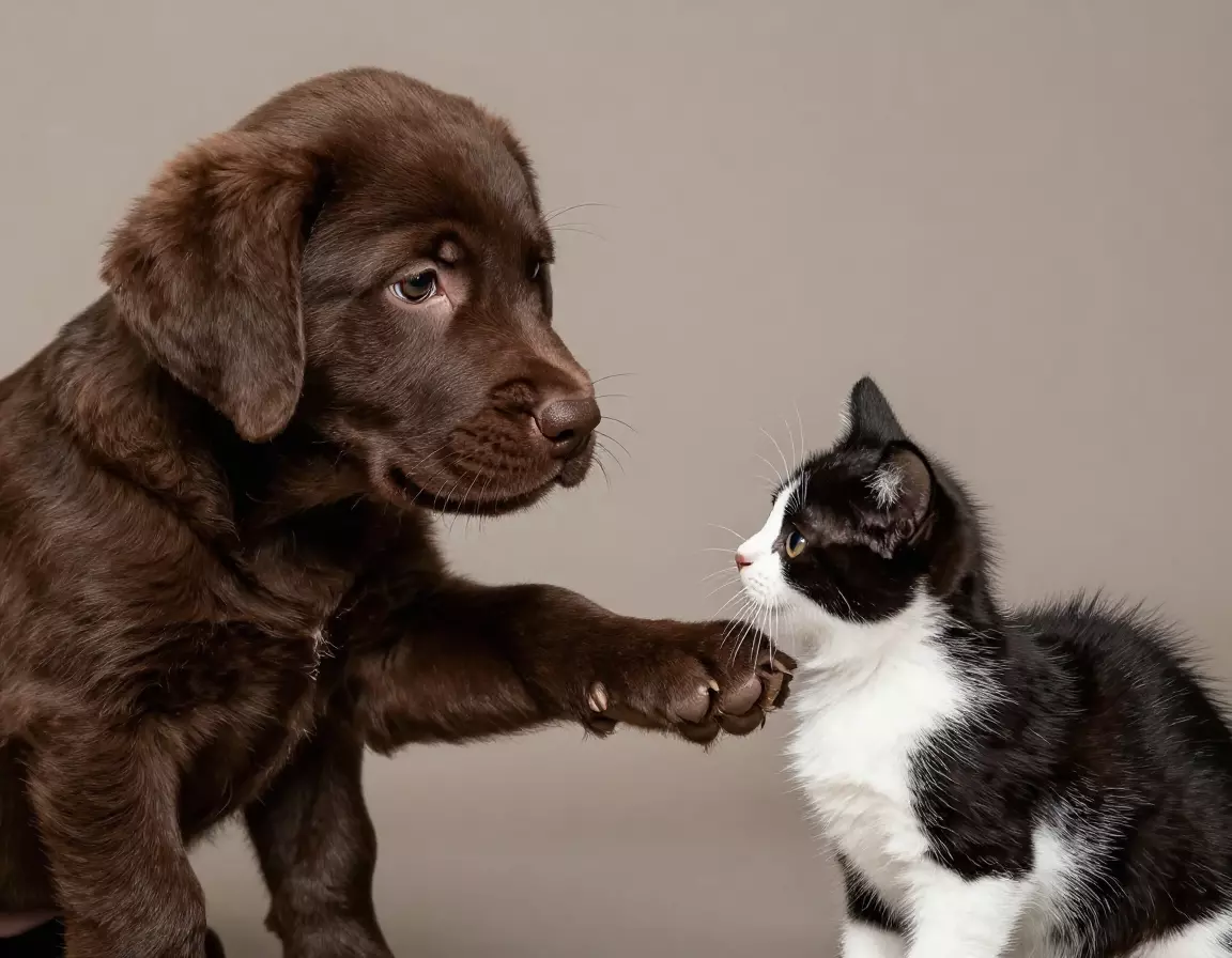 Chocolate labrador puppy and black white kitten first gentle meeting