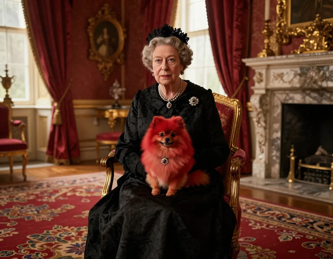 Queen victoria with small red pomeranian on her lap