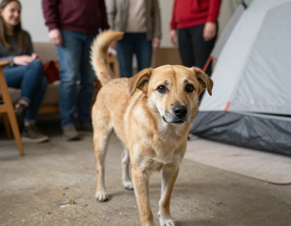Rescue dog approaching new family tentative tail wag hope