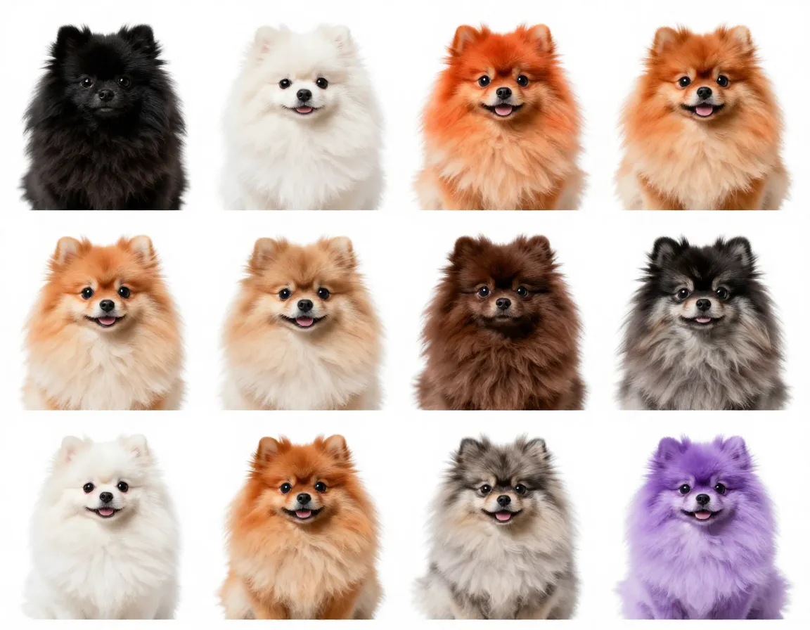 Grid of nine pomeranians showcasing diverse coat colors