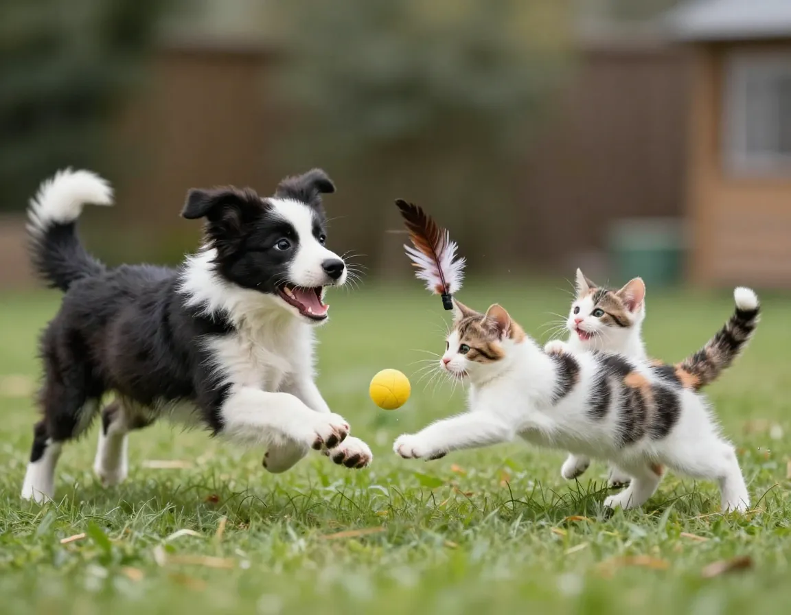 Border collie puppy and calico kitten mid action pounce and leap play
