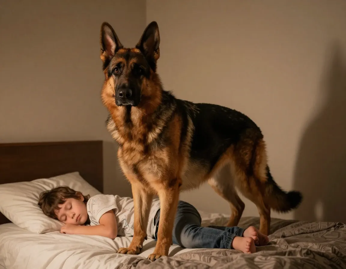 Protective german shepherd standing alert beside sleeping child