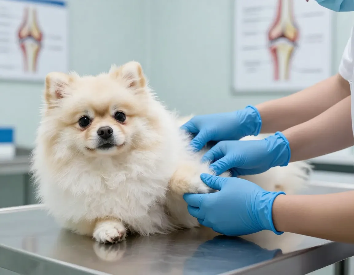 Vet examining pomeranians hind leg for knee dislocation