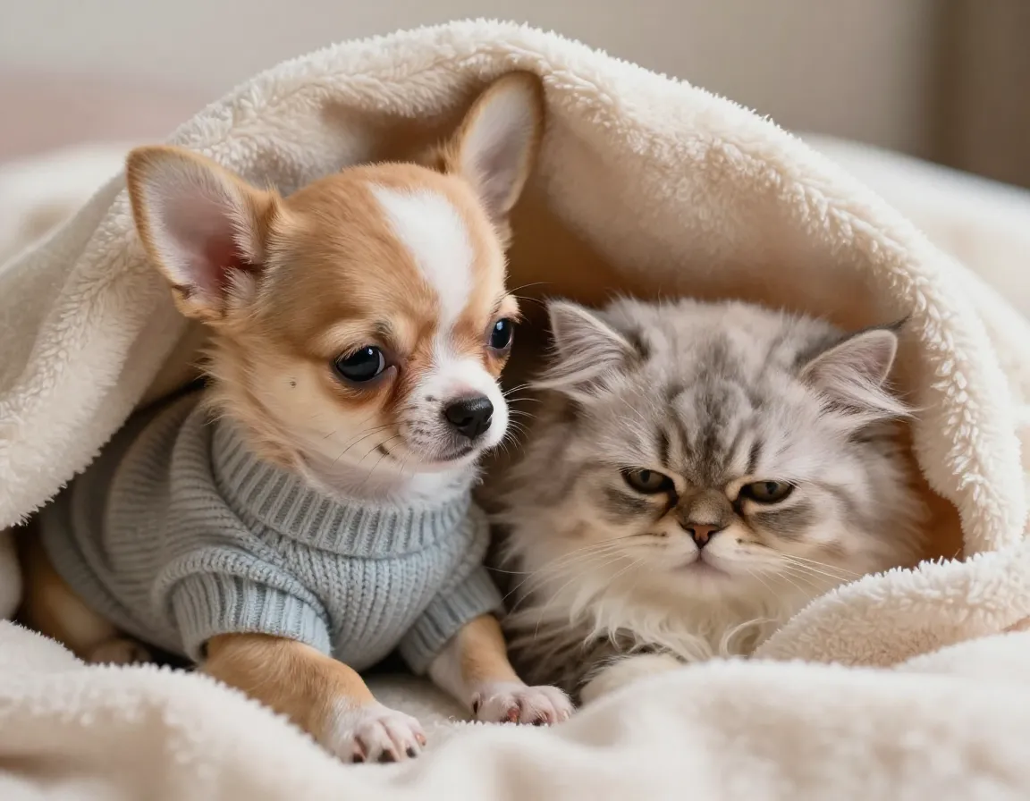 Chihuahua puppy in sweater and persian kitten in blanket seeking comfort