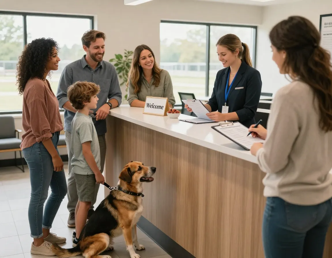 Family and dog undergoing a friendly meet and greet admission