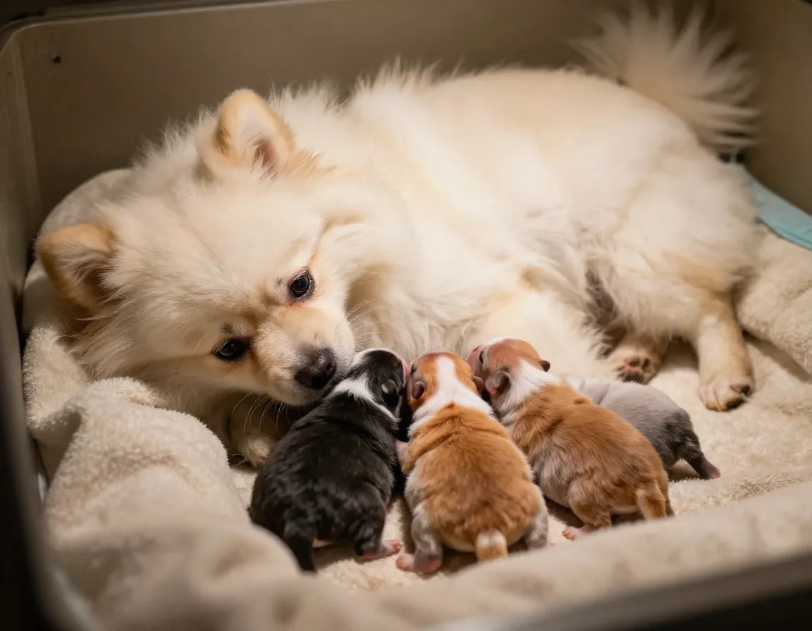 Mother pomeranian nursing just two tiny newborn puppies
