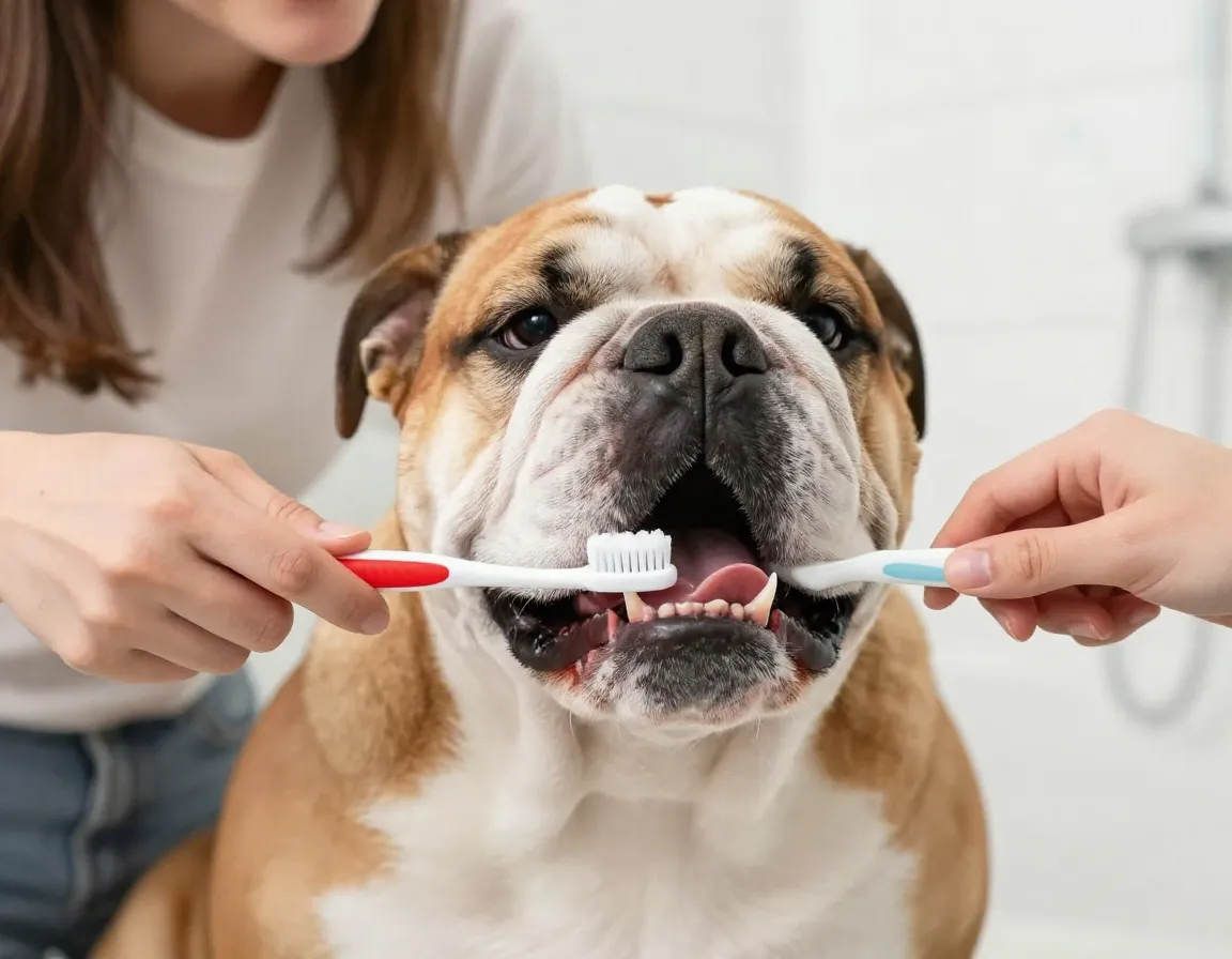 Owner brushing teeth of cooperative bulldog with dog toothpaste